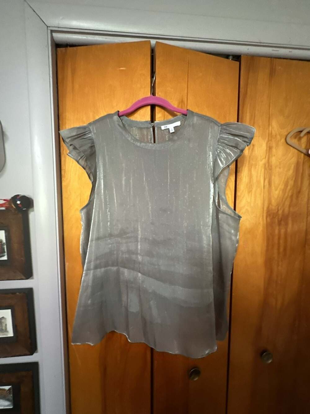 DR2 Metallic Ruffle Sleeve Blouse Size XL Gray Shimmer Swiss Dot Top